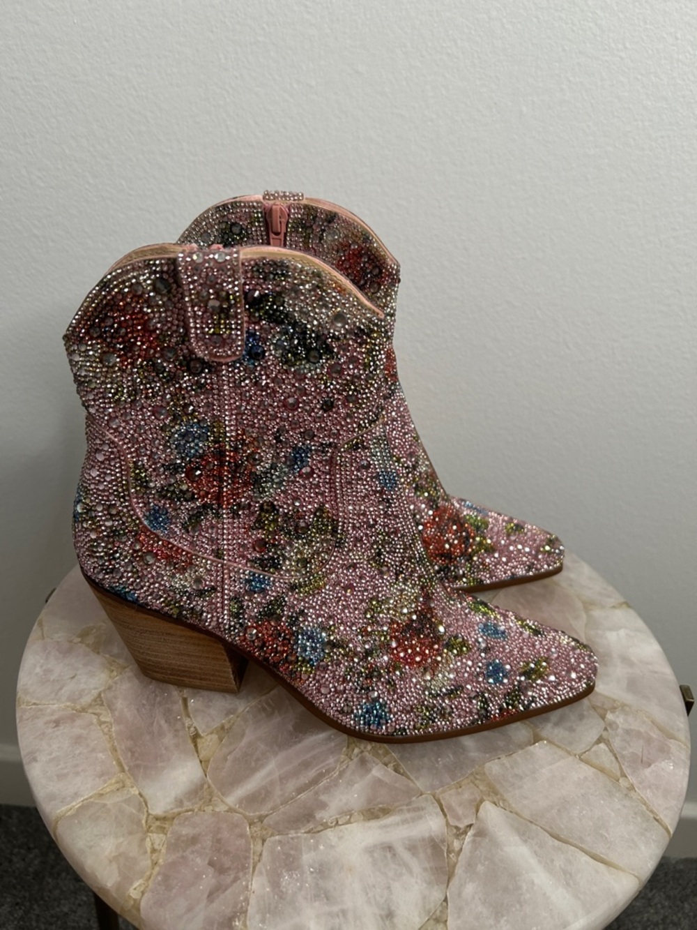 Betsey Johnson Pink Multicolor Crystal Floral Western Ankle Boots